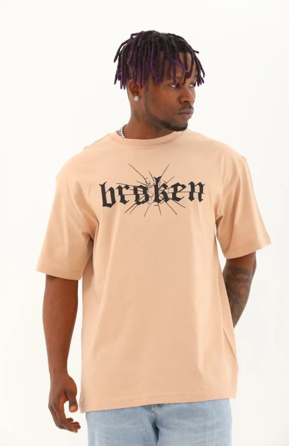 Unisex Oversize Baskılı Bisiklet Yaka T-Shirt - Bej