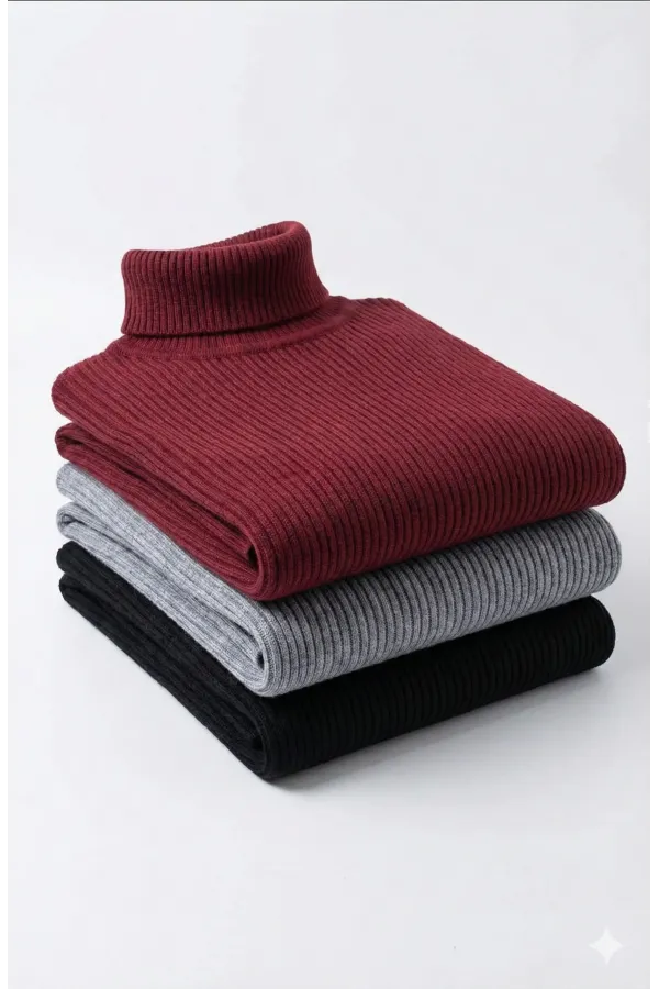 3'lü Siyah, Bordo, Gri Unisex Kaşkorse Boğazlı Full Likralı Fitilli Body Kazak