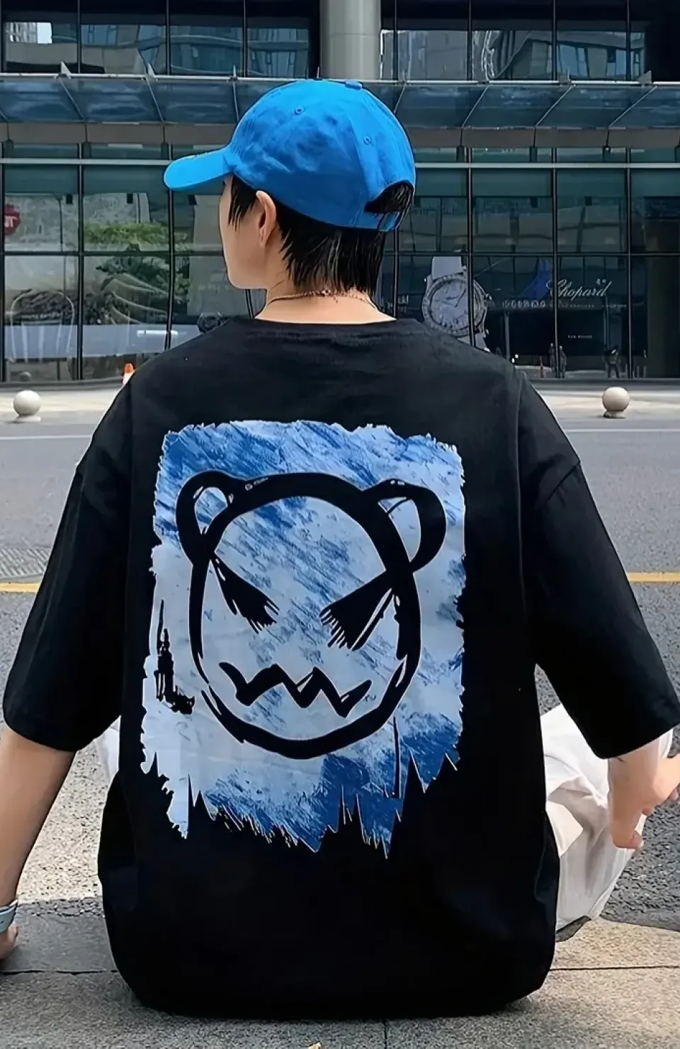 20/1 Penye Compack Bisiklet Yaka Kore tarzı sevimli ayı baskı Kısa Kol Erkek t-shirt - Siyah