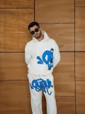 Erkek Kapüşonlu Eşofman Takım Graffiti Baskılı  Oversize Rahat Kalıp, Kanguru Cepli, Streetwear Tarzında Premium Ürün 3 iplik Pamuklu - Beyaz