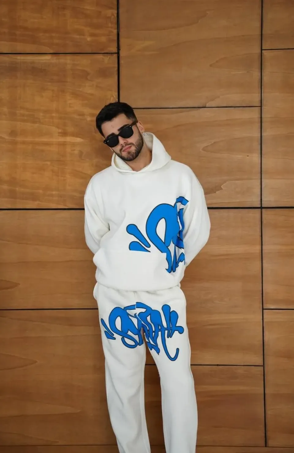 Erkek Kapüşonlu Eşofman Takım Graffiti Baskılı  Oversize Rahat Kalıp, Kanguru Cepli, Streetwear Tarzında Premium Ürün 3 iplik Pamuklu - Beyaz