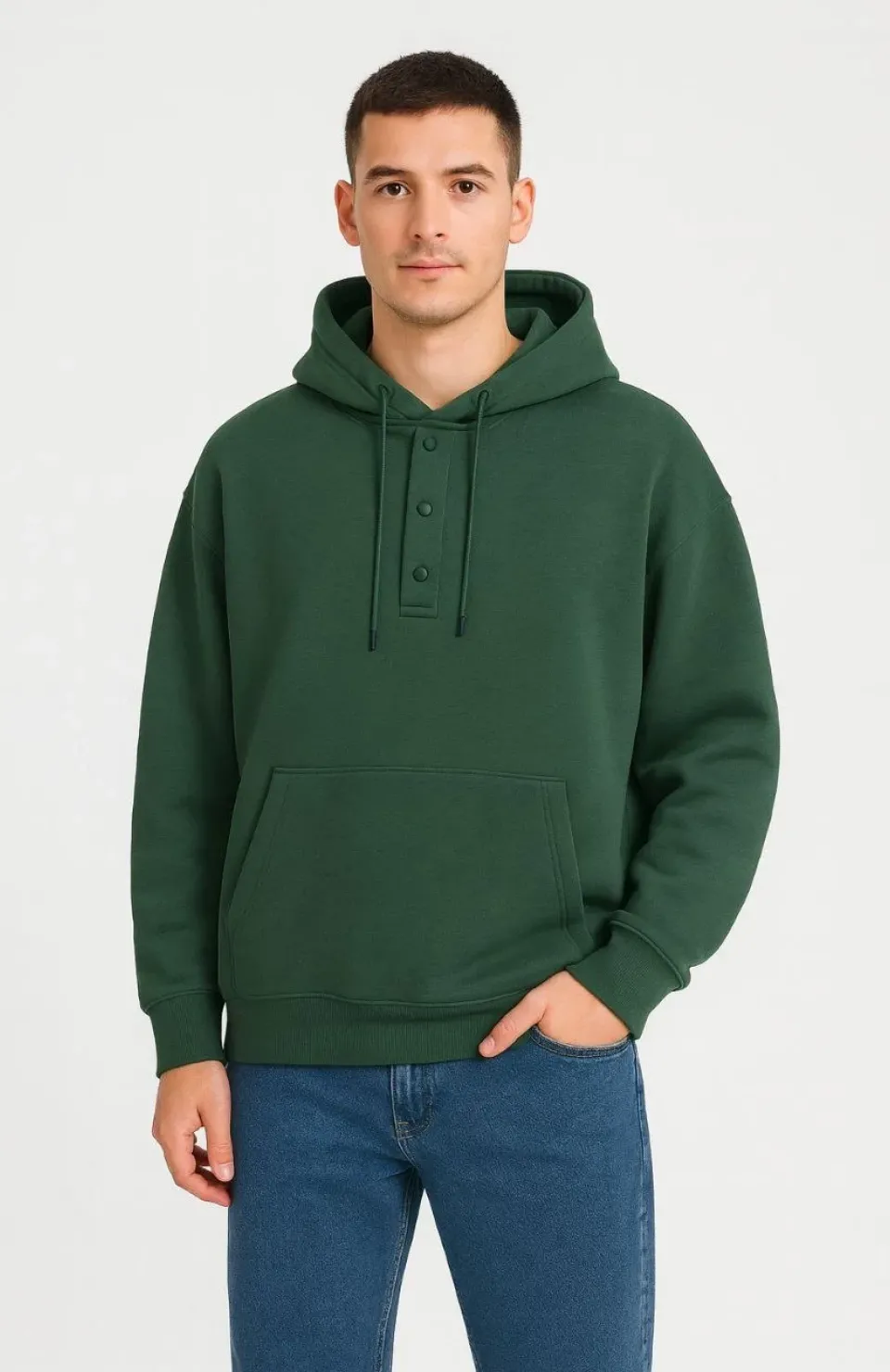 Erkek Ovarsize Kapüşonlu Swetshirt Kanguru Çepli Cıtcıtlı 3 iplik Şardonlu Hoodie - Haki