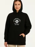 Kadın Kapşonlu Sweatshirt – Üç İplik Şardonlu Kumaş, Oversize Fit, Ön & Arka Baskılı, Kanguru Cepli, Kışlık Rahat Hoodie- Siyah
