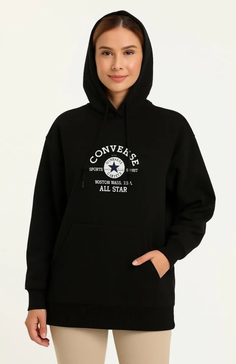 Kadın Kapşonlu Sweatshirt – Üç İplik Şardonlu Kumaş, Oversize Fit, Ön & Arka Baskılı, Kanguru Cepli, Kışlık Rahat Hoodie- Siyah