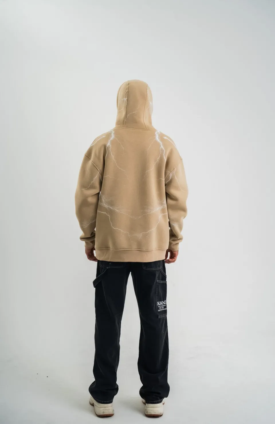 Double Oversize Kapşonlu Şimşek Pano Baskılı SweatShirt - Bej