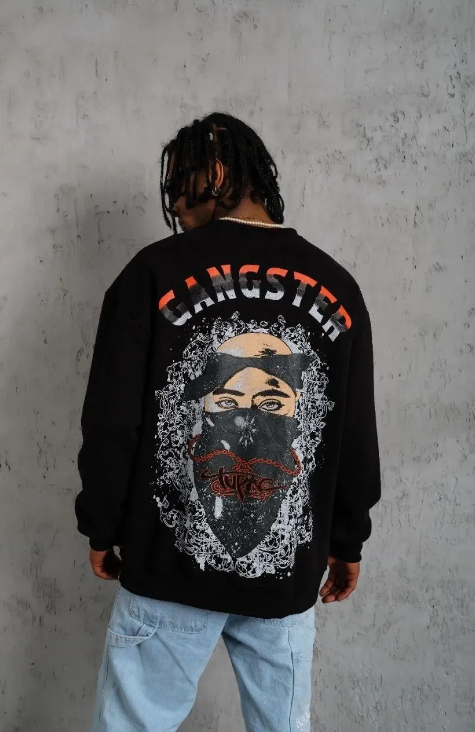 Erkek 3 İplik Gangster Baskılı Sweatshirt - Siyah