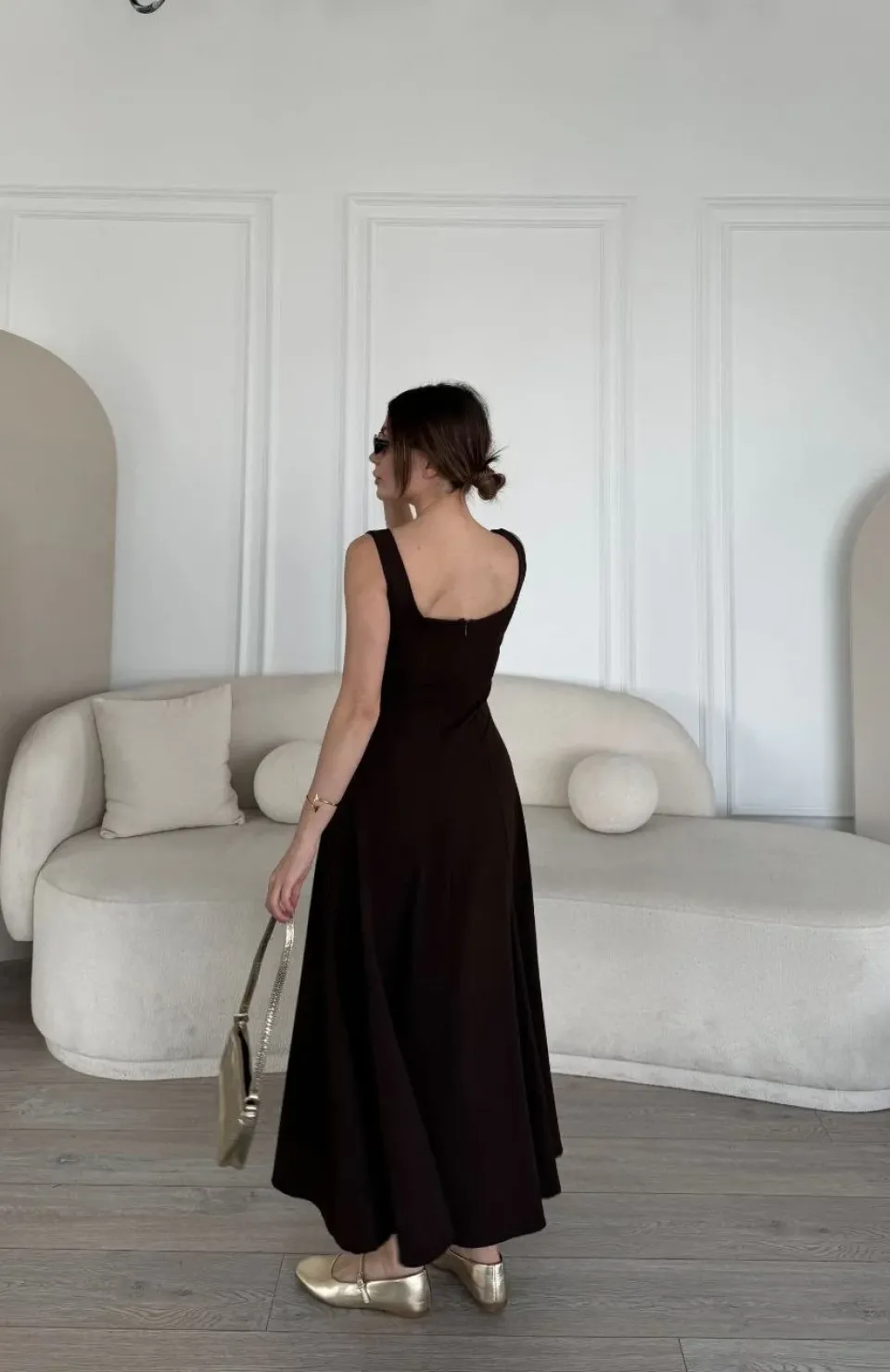 Sırt Dekolteli Kolsuz Uzun Elbise - Kahverengi