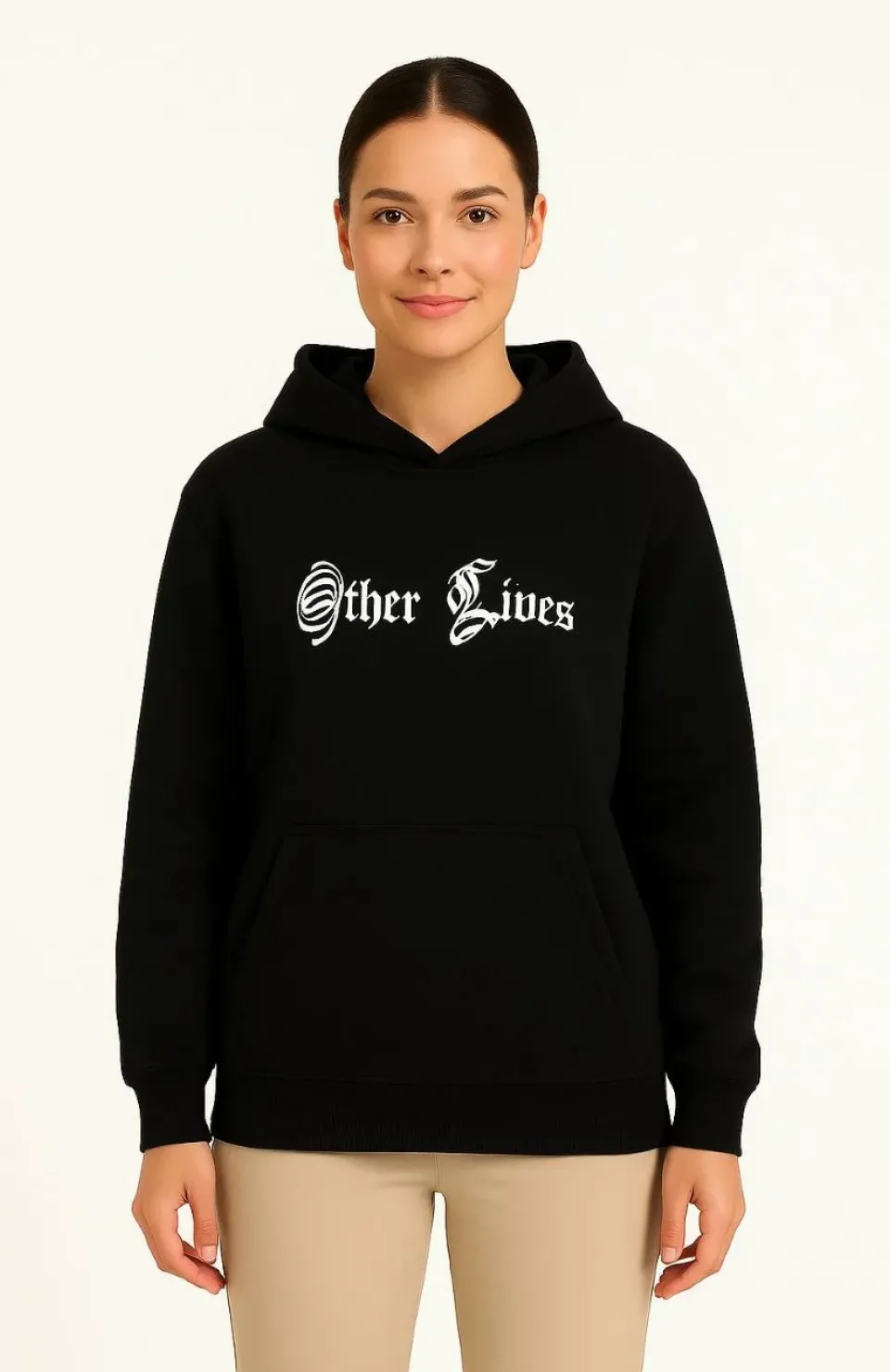 Kadın Kapşonlu Sweatshirt – Oversize Üç İplik Şardonlu Hoodie, “Other Lives” Ön & Arka Baskılı, Kanguru Cepli, Kışlık Rahat Günlük Stil- Siyah