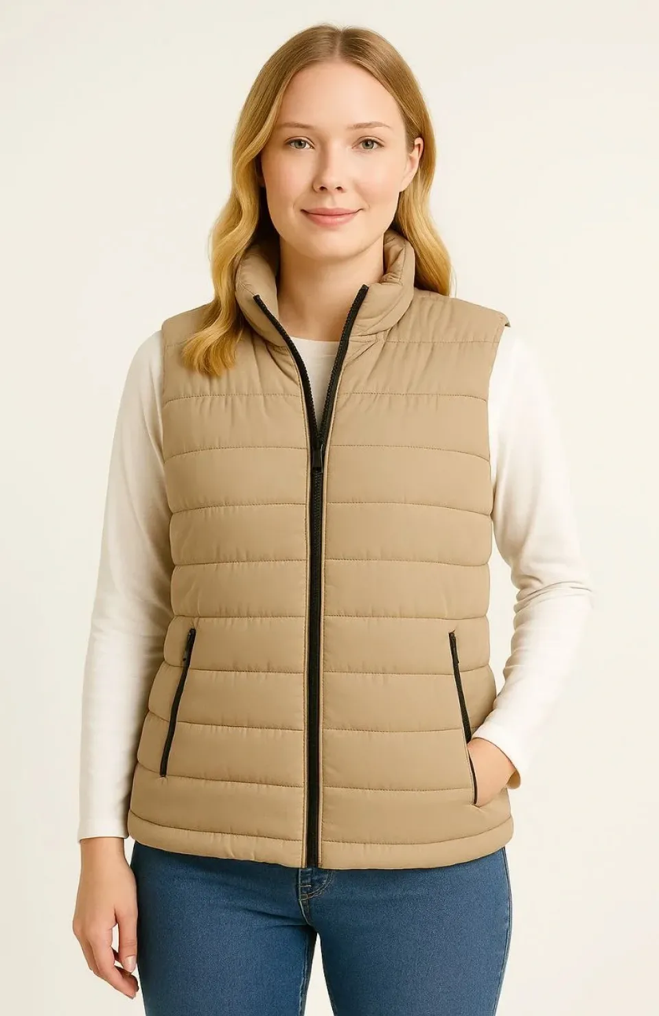 Kadın Şişme Fermuarlı Yelek Su itici Kapitone Astarlı Kumaş Cepli Hafif Kışlık Spor Rahat Kalıp - Bej Somersan Giyim | Kadın, Erkek ve Çocuk Moda