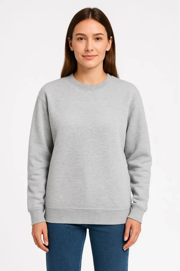 Kadın Üç İplik Düz Bisiklet Yaka SweatShirt - Gri