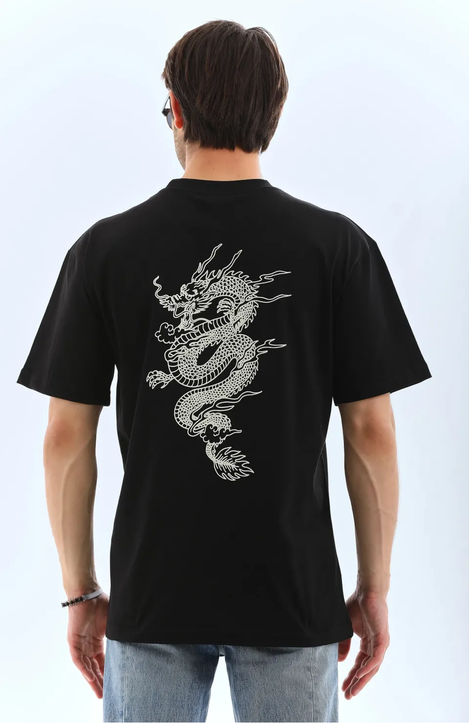 Unisex Oversize Baskılı Bisiklet Yaka T-Shirt - Siyah