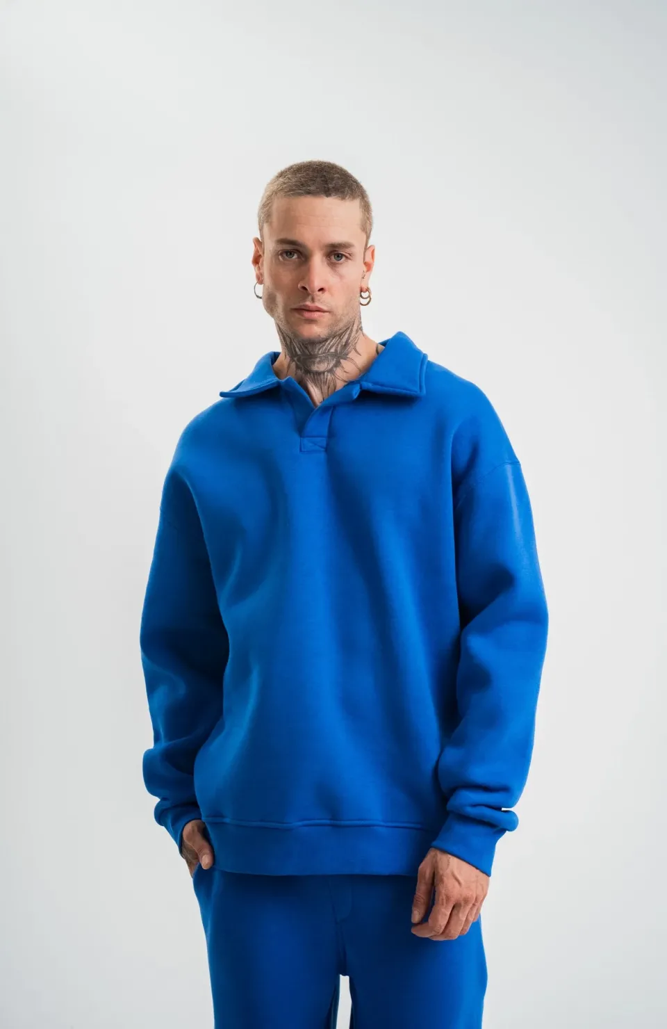 Unisex Double Oversize Patlı Yaka SweatShirt - Mavi