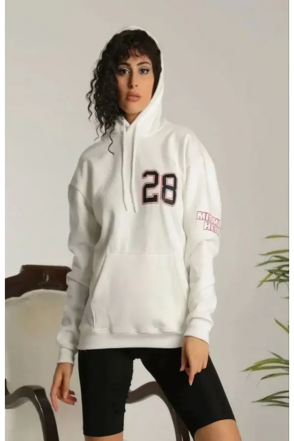 Unisex Kapşonlu Baskılı Sweetshirt - Beyaz