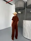 Osy Modal Yumuşak Dokulu Kumaş Kısa Kollu Bluz Rahat Pantalon ikili Takım- Kahverengi