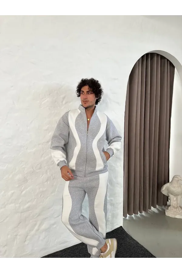 Erkek Premium Parçalı Eşofman Takım - Dik Yaka Fermuarlı Sweatshirt, - Gri