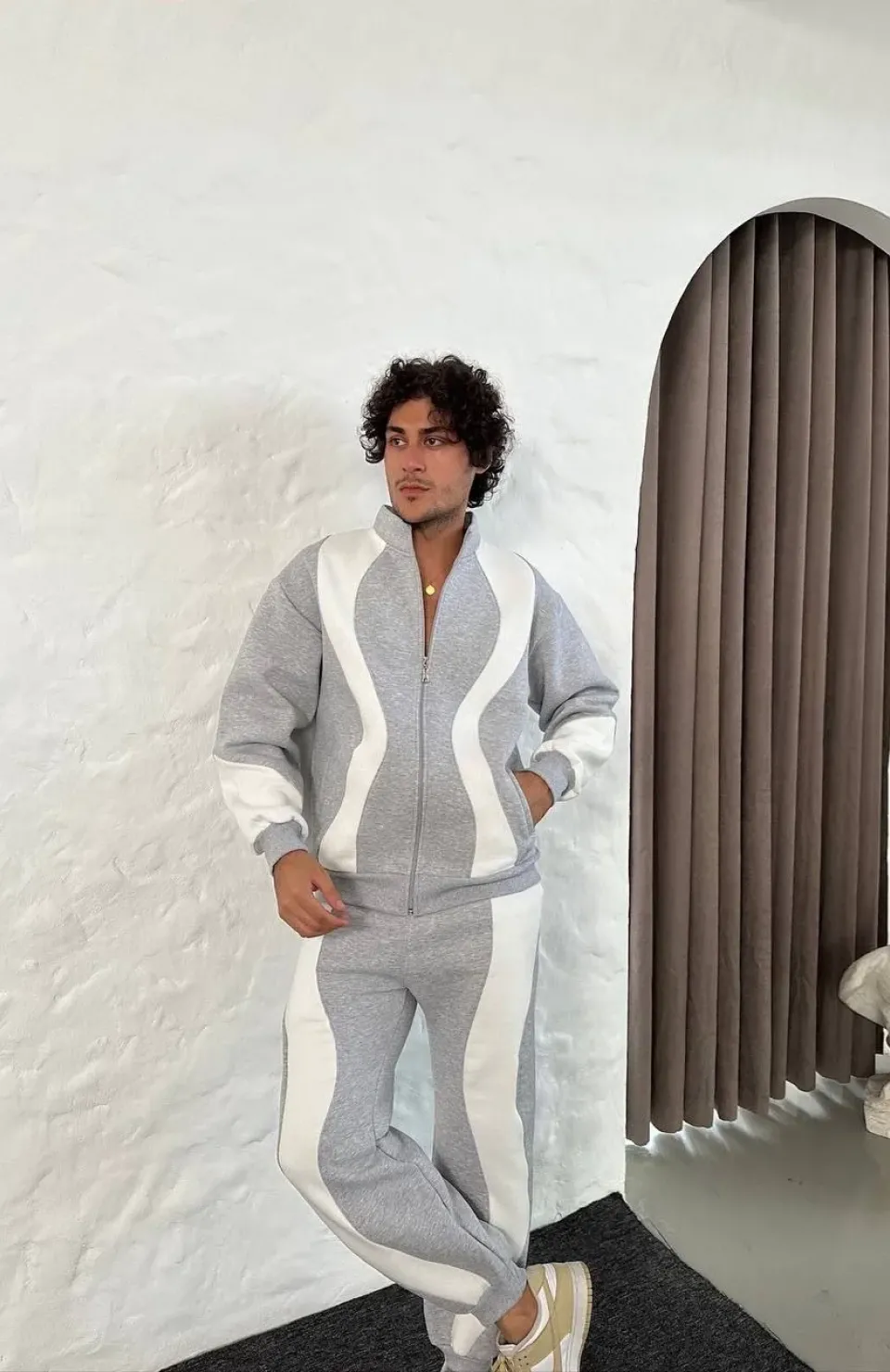 Erkek Premium Parçalı Eşofman Takım - Dik Yaka Fermuarlı Sweatshirt, - Gri