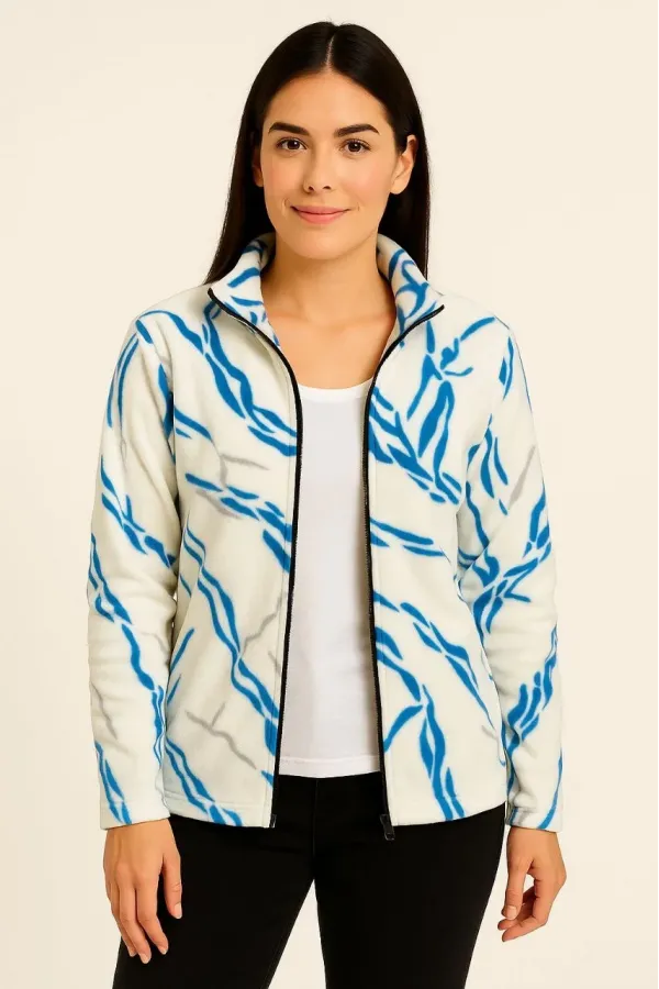 Kadın Tam Fermuarlı Desenli Polar Sweat Lightning Desen Yakalı, Uzun Kollu, Oversize Rahat Kalıp - Beyaz