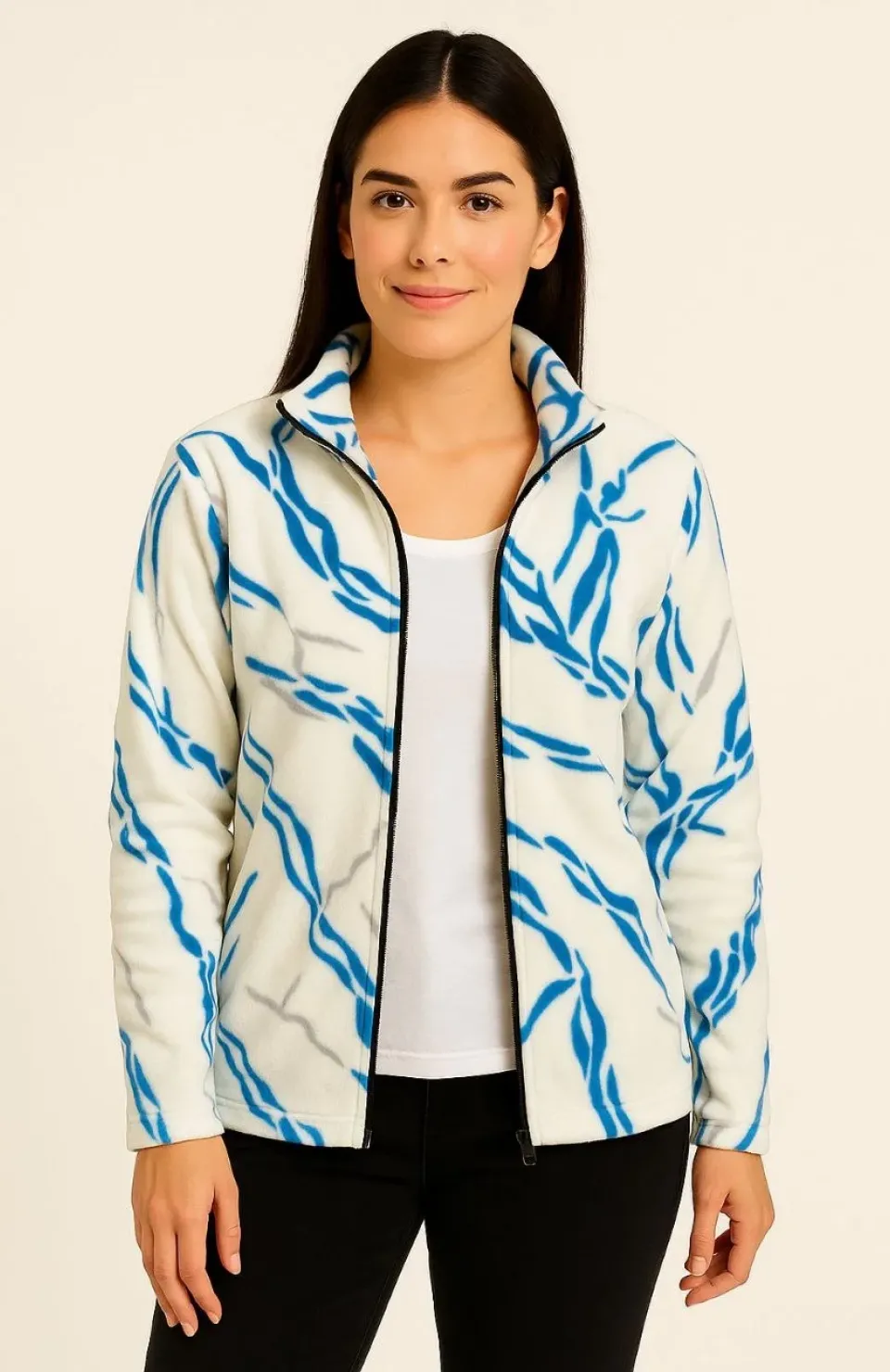 Kadın Tam Fermuarlı Desenli Polar Sweat Lightning Desen Yakalı, Uzun Kollu, Oversize Rahat Kalıp - Beyaz