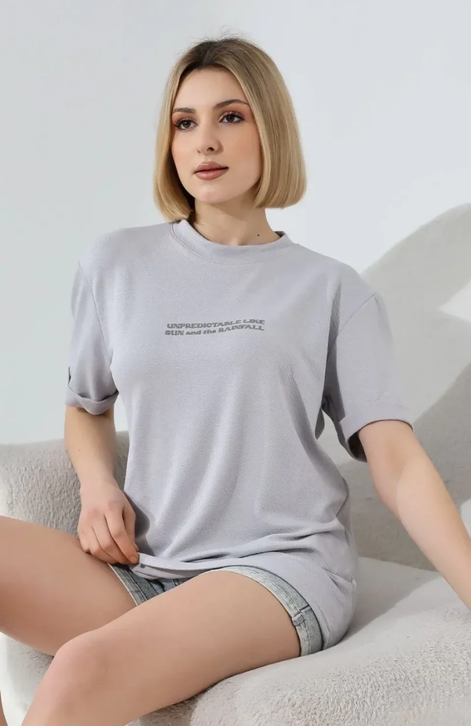 Unisex Bisiklet Yaka Baskılı Slim Fit T-Shirt - Boyalı Gri