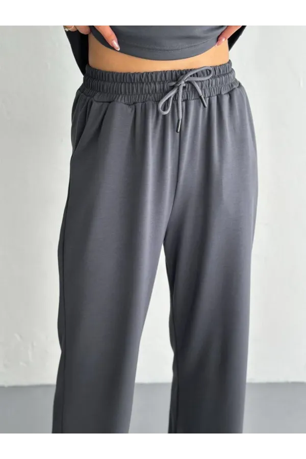 Osy Modal Yumuşak Dokulu Kumaş Kısa Kollu Yakalı T-shirt Pantalon ikili Takım- Antrasit