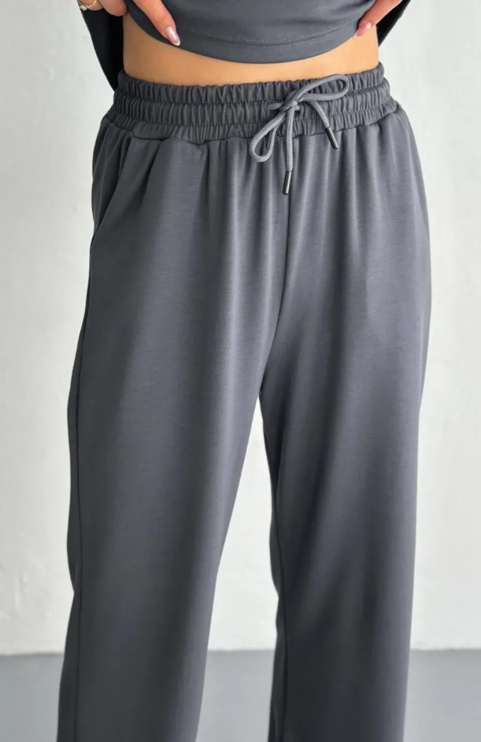 Osy Modal Yumuşak Dokulu Kumaş Kısa Kollu Yakalı T-shirt Pantalon ikili Takım- Antrasit