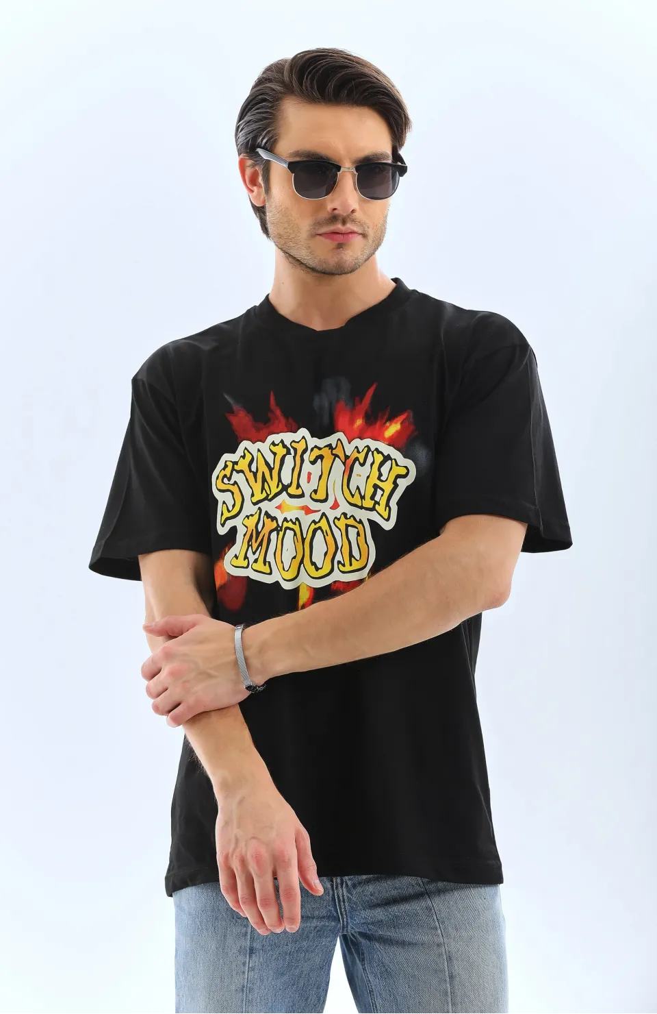 Unisex Oversize Baskılı Bisiklet Yaka T-Shirt - Siyah