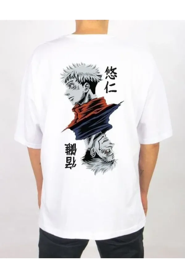 Unisex Bisiklet Yaka Baskılı Oversize T-Shirt - Beyaz