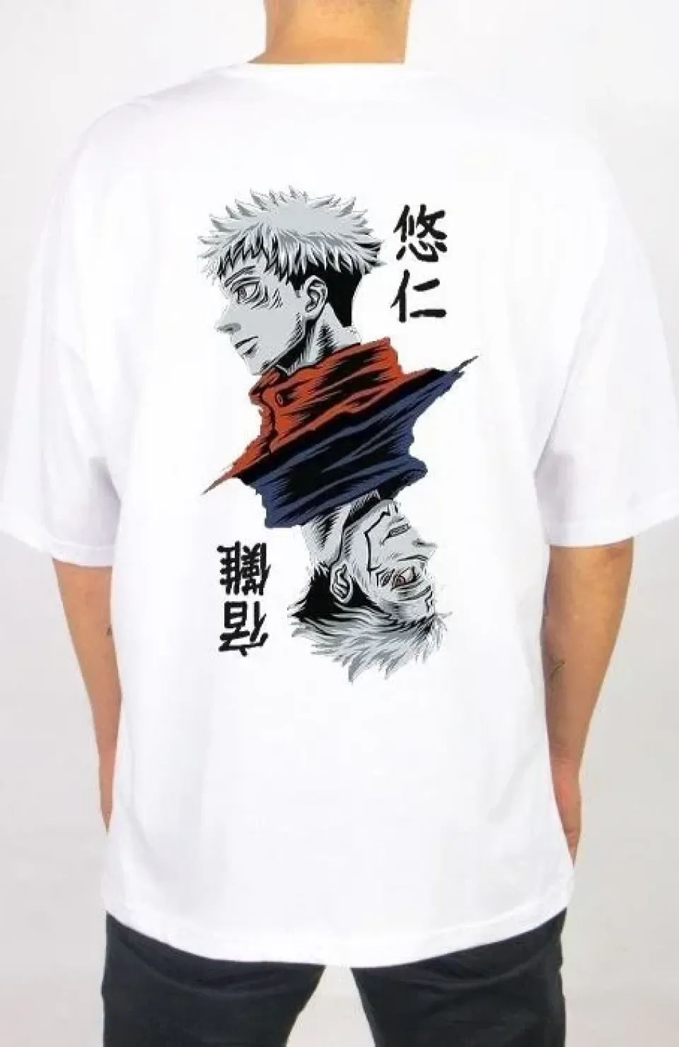 Unisex Bisiklet Yaka Baskılı Oversize T-Shirt - Beyaz