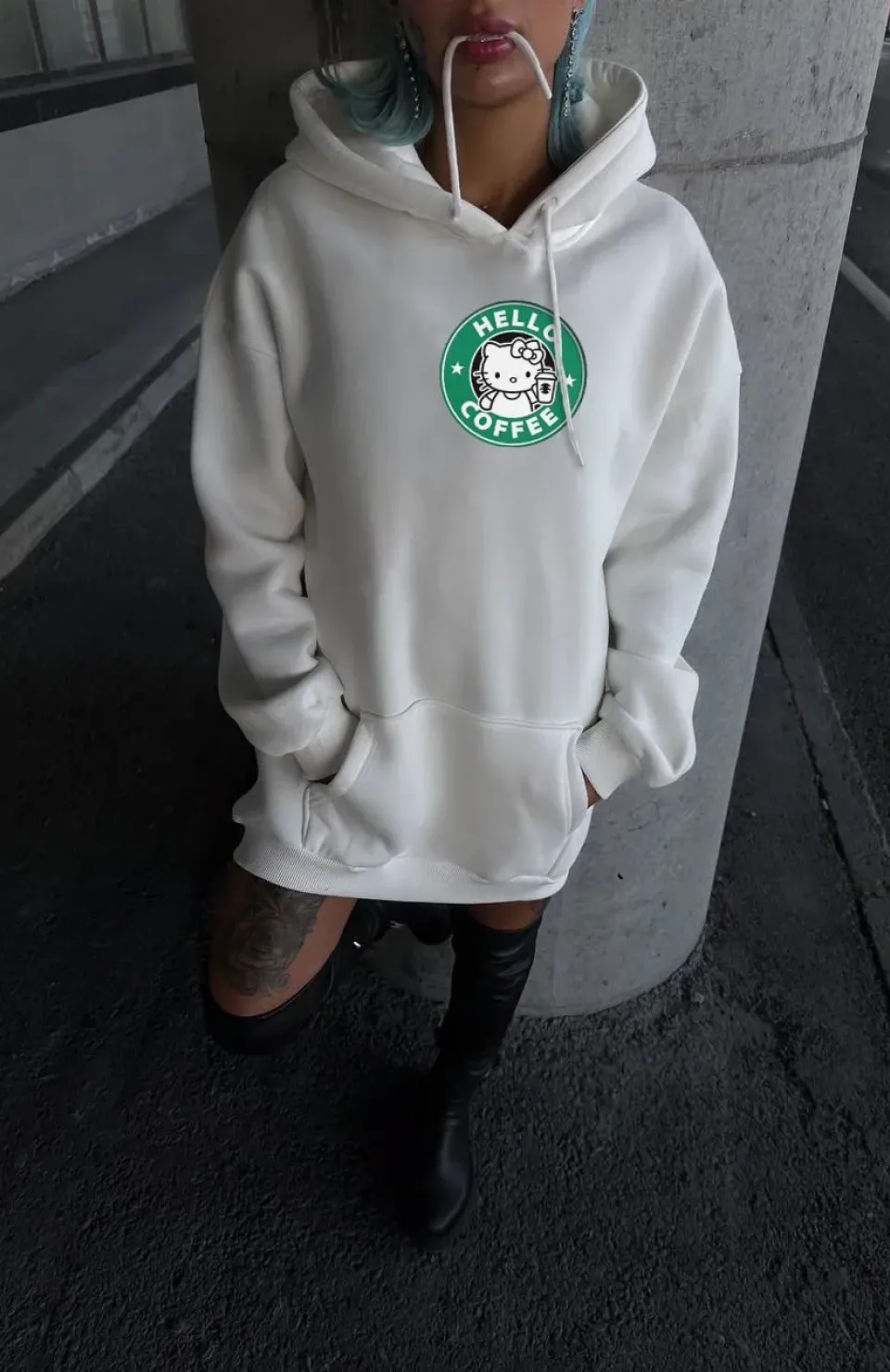 Üç İplik Penye Uzun Kol Kapüşonlu SweatShirt - Beyaz