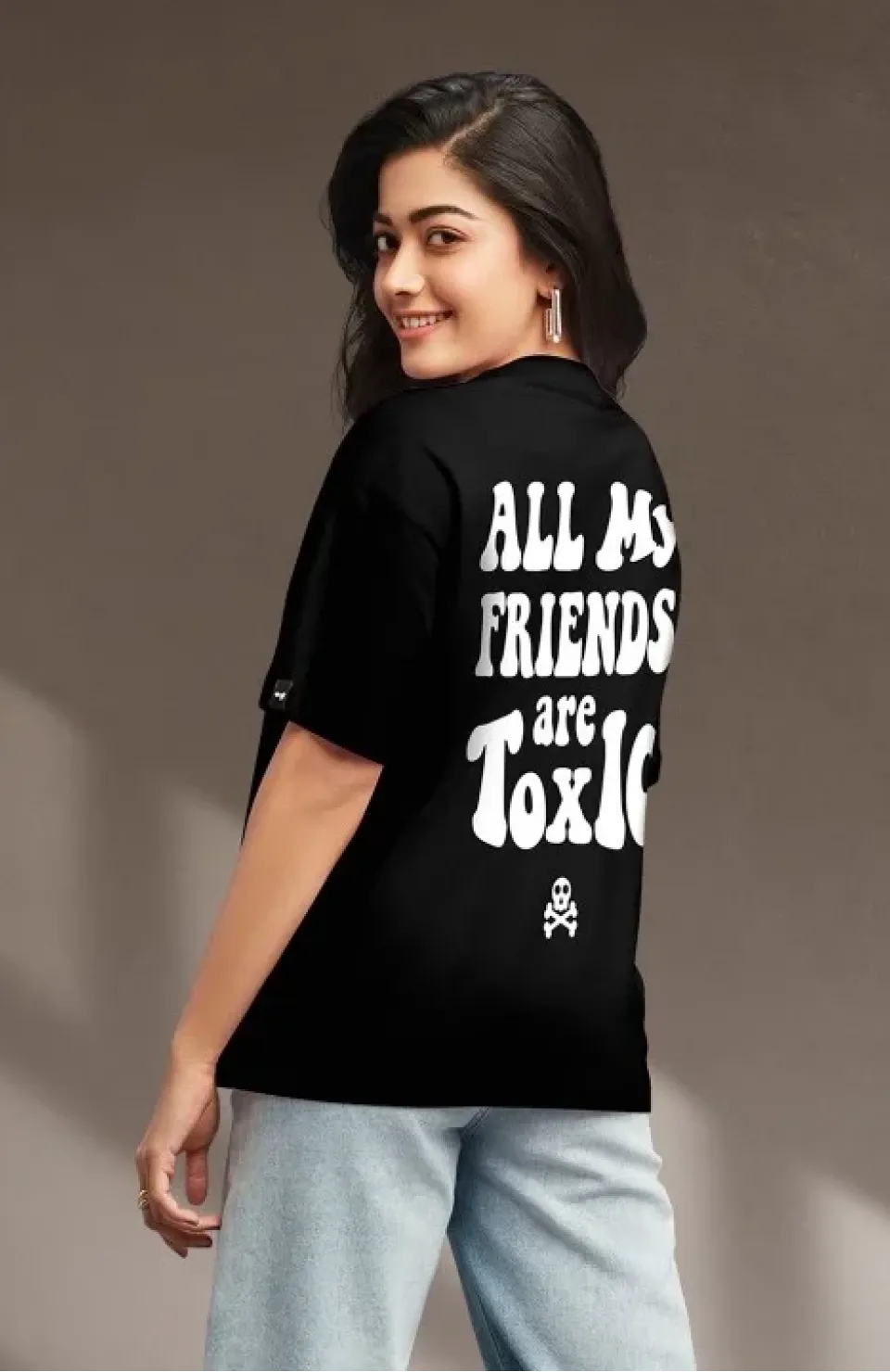 Kadın Baskılı Oversize T-shirt - Siyah