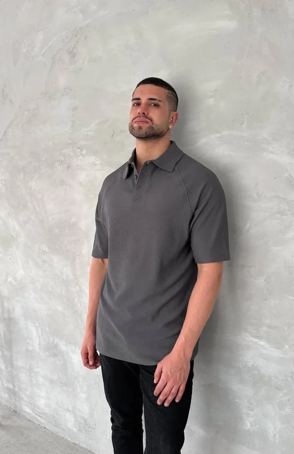 Yakalı Patlı Kısa Kol T-shirt - Antrasit