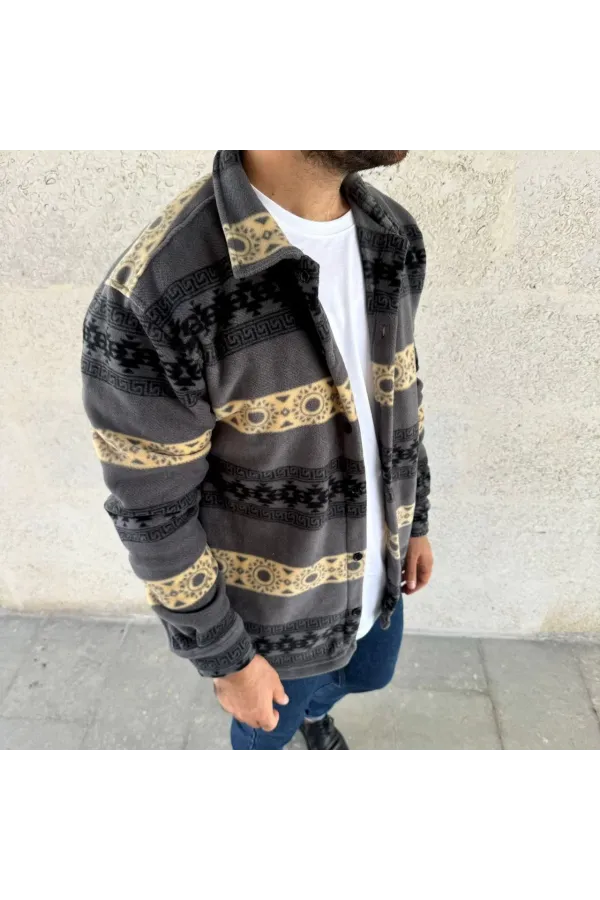 Erkek Desenli Polar Gömlek – Etnik Şerit Desen Yakalı, Uzun Kollu, Düğmeli, Oversize Rahat Kalıp - Füme