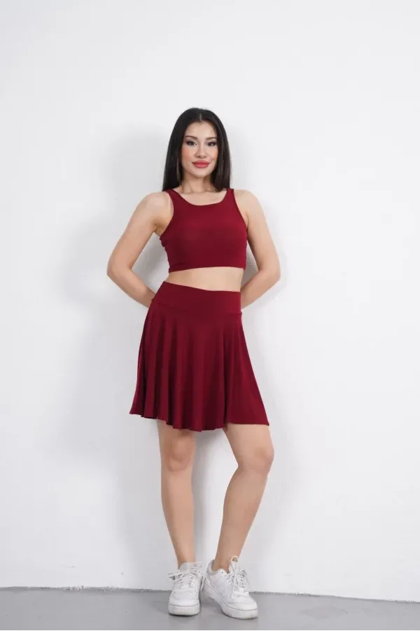 Sendy Kumaş Bisiklet Yaka Crop Şortlu Etek ikili Takım - Bordo