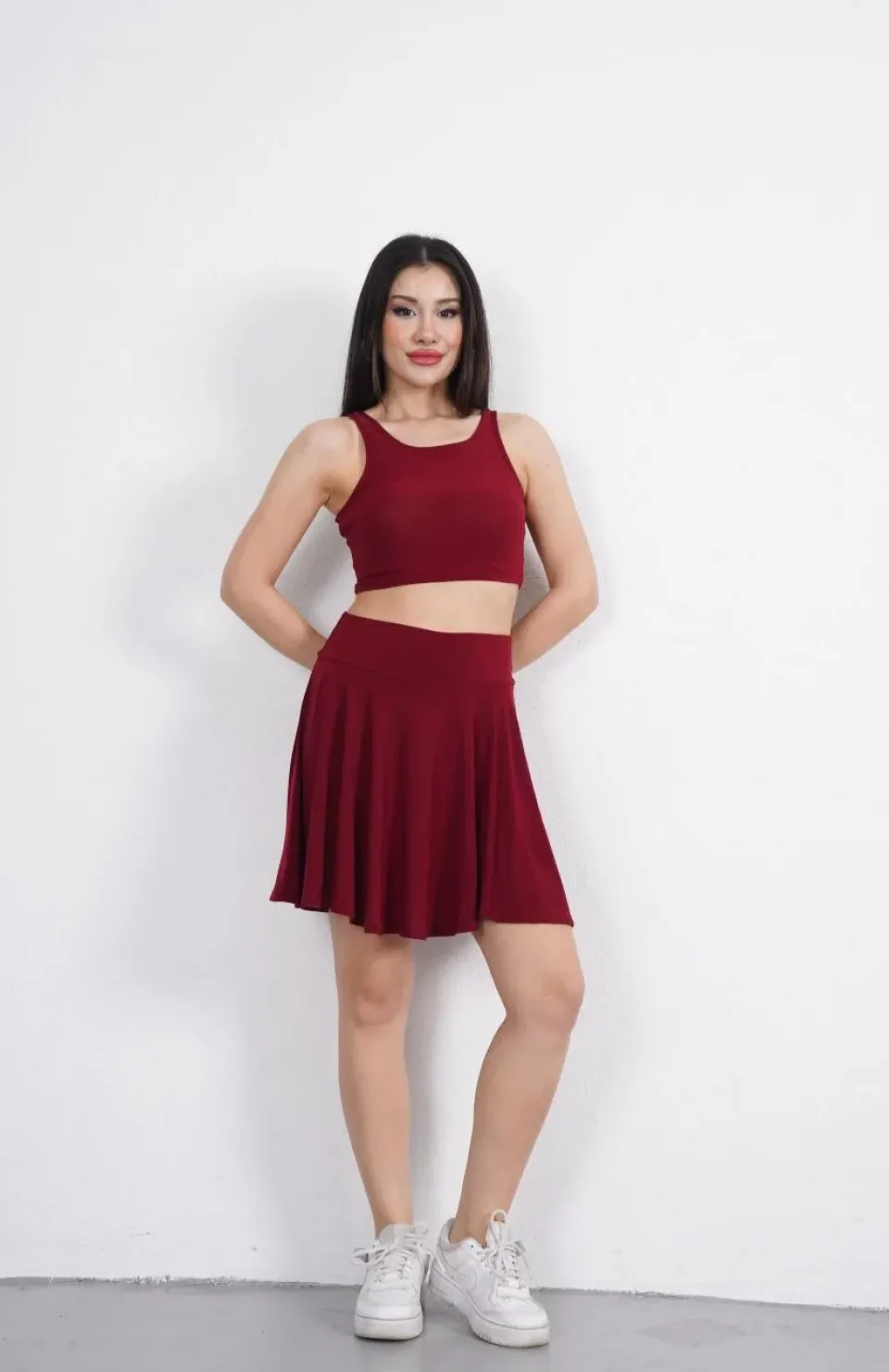 Sendy Kumaş Bisiklet Yaka Crop Şortlu Etek ikili Takım - Bordo