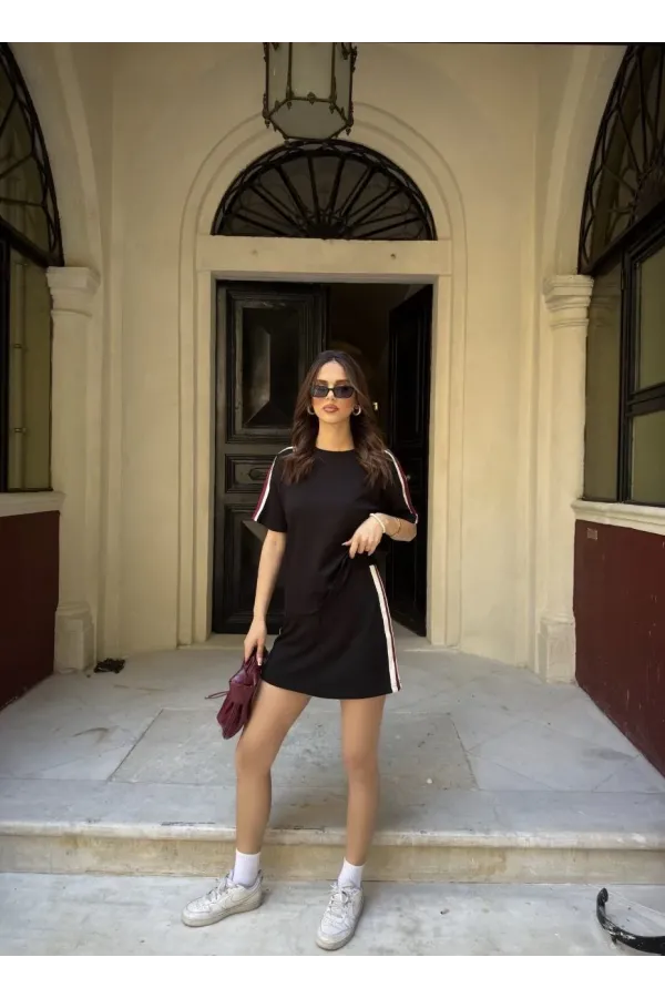 Osy Modal yumuşak dokulu Kumaş Kadın Parçalı Bisiklet Yaka T-shirt Mini Şortlu Etek İkili Takım - Siyah