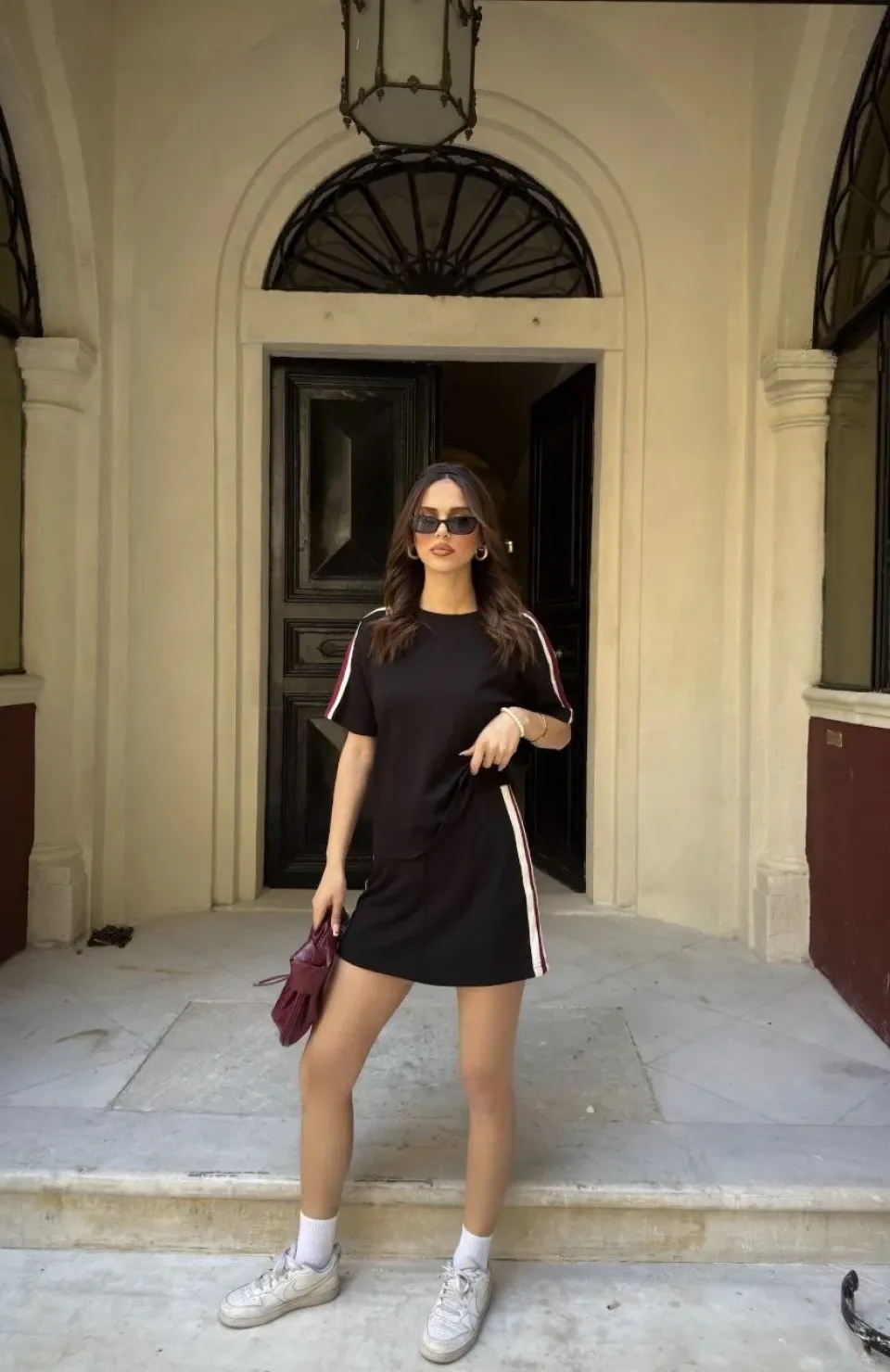 Osy Modal yumuşak dokulu Kumaş Kadın Parçalı Bisiklet Yaka T-shirt Mini Şortlu Etek İkili Takım - Siyah