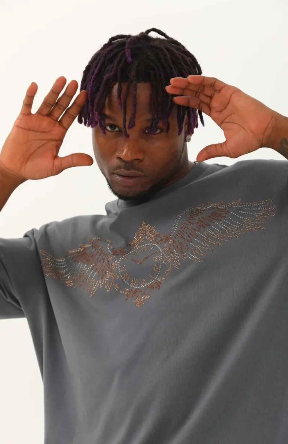 Unisex Oversize Taşlı Bisiklet Yaka T-Shirt - Füme