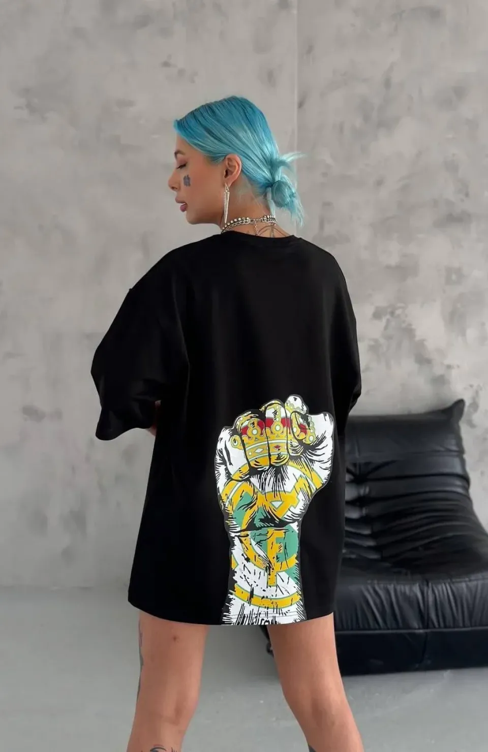 Unisex Bisiklet Yaka Baskılı Oversize T-Shirt - Siyah Somersan Giyim | Kadın, Erkek ve Çocuk Moda