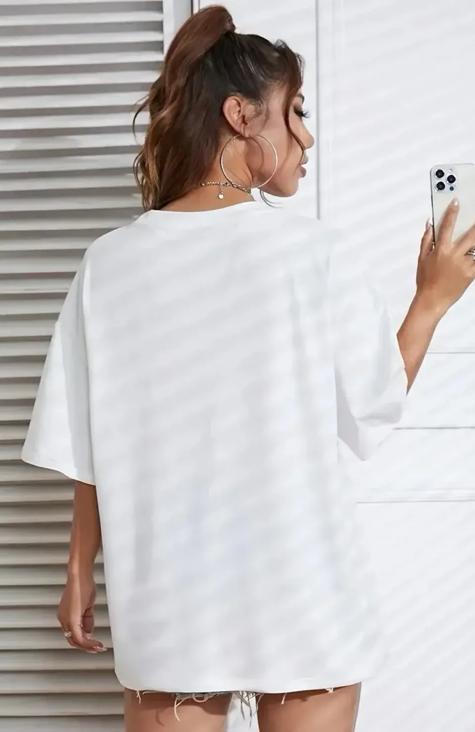 20/1 Penye Compack Baskılı Oversize Kahve Desenli Kadın Kısa Kol T-shirt - Beyaz