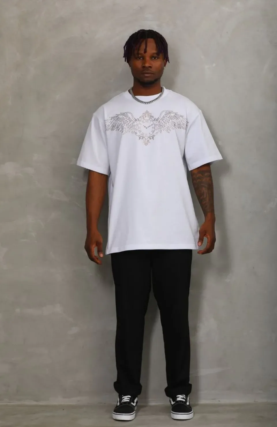 Unisex Oversize Taşlı Bisiklet Yaka T-Shirt - Beyaz