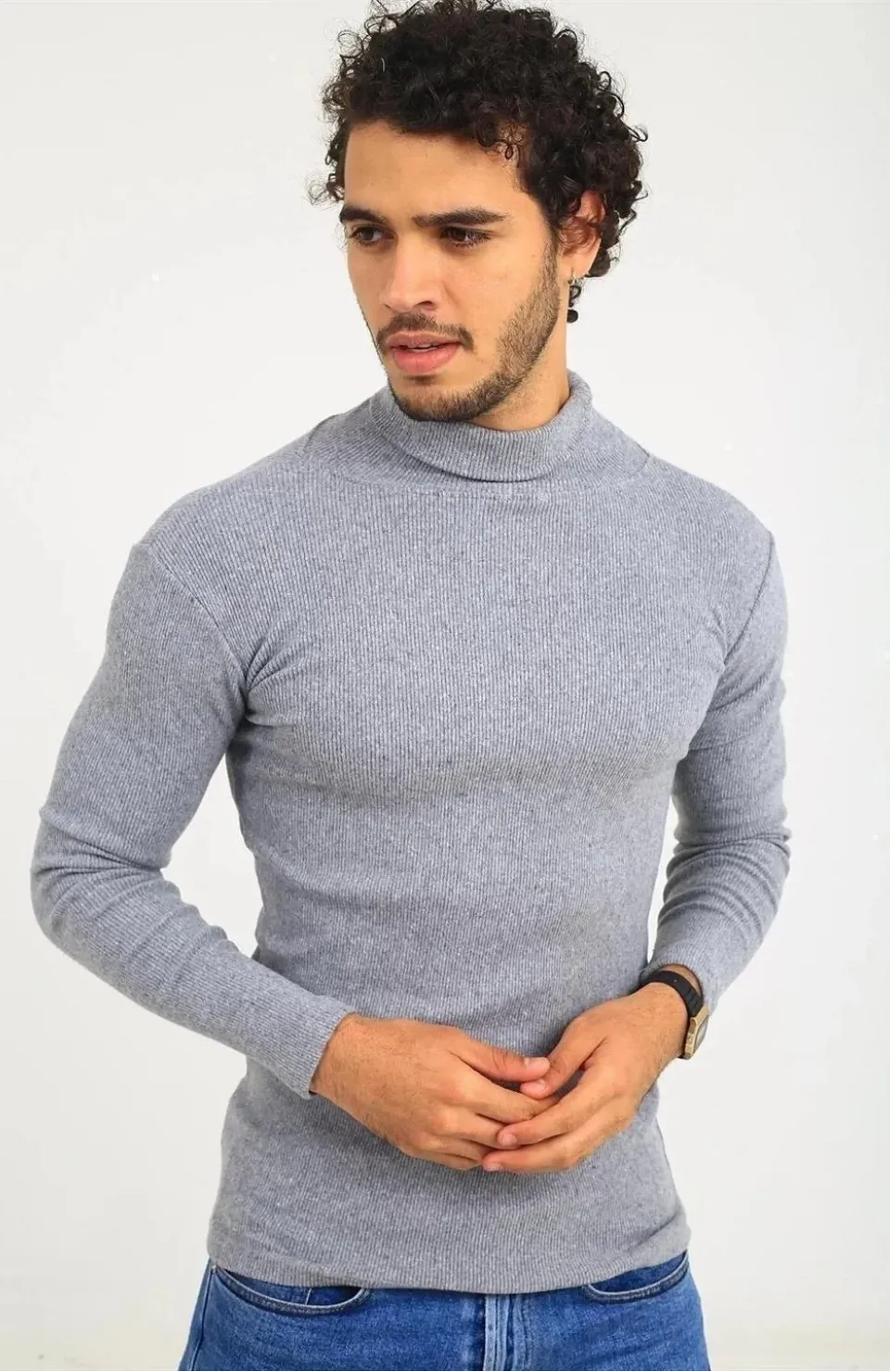 Erkek Kaşkorse Boğazlı Full Likralı Fitilli Body Kazak - Gri