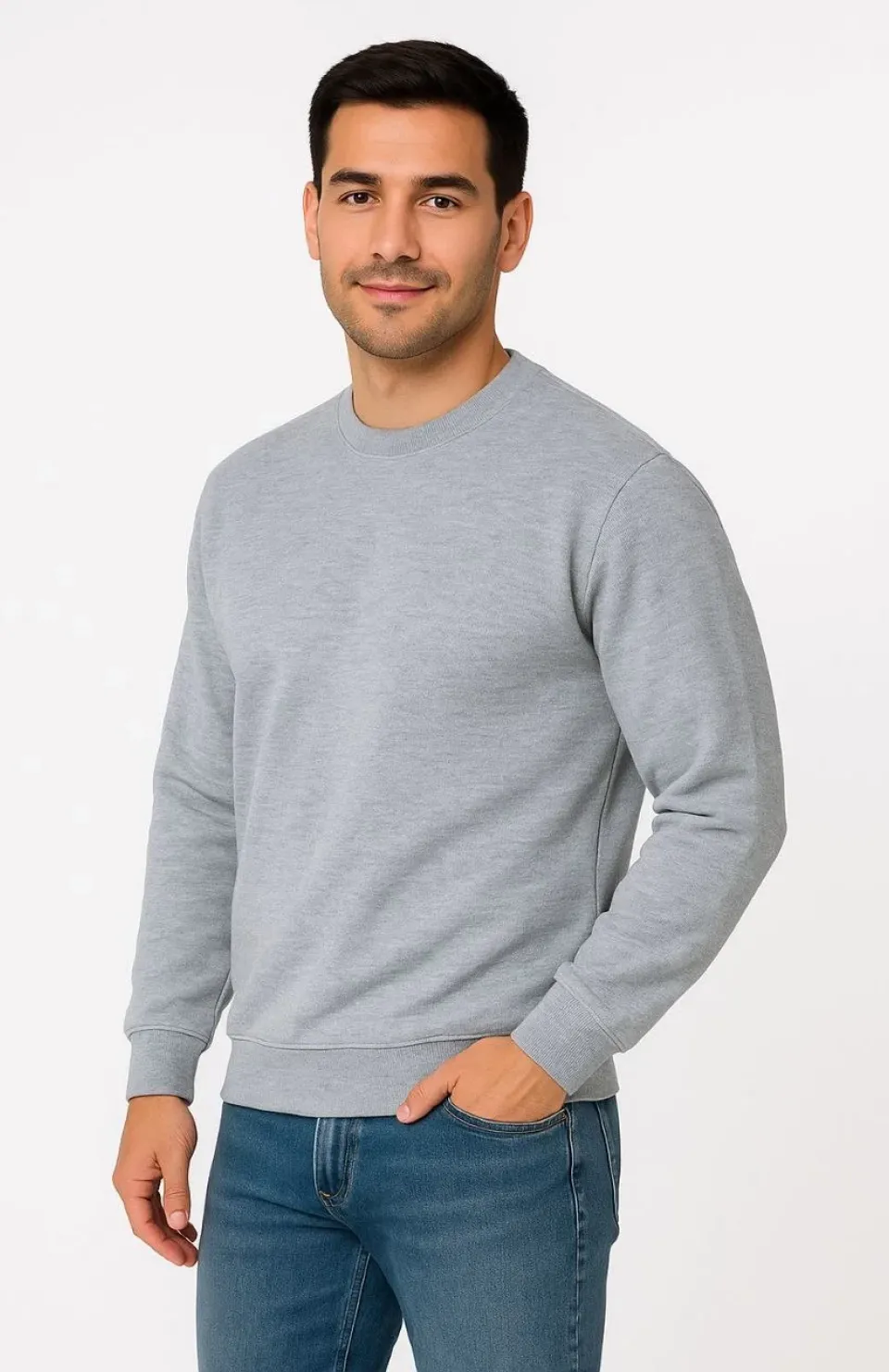 Erkek Üç İplik Düz Bisiklet Yaka SweatShirt - Gri