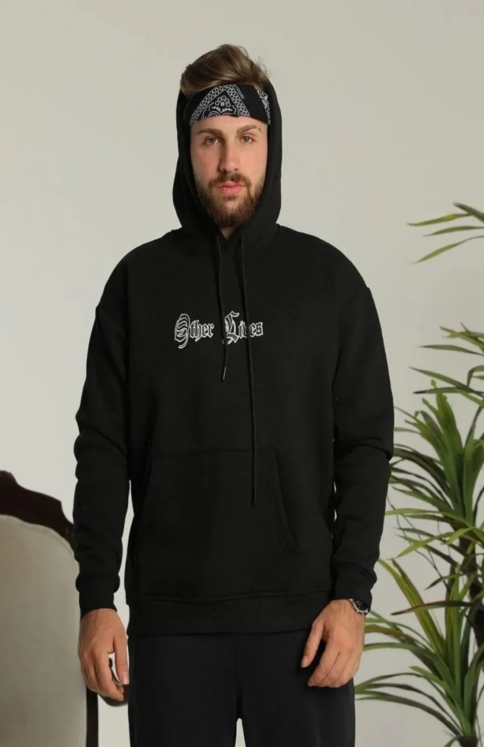 Erkek Kapşonlu Sweatshirt – Oversize Üç İplik Şardonlu Hoodie, “Other Lives” Ön & Arka Baskılı, Kanguru Cepli, Kışlık Rahat Günlük Stil - Siyah
