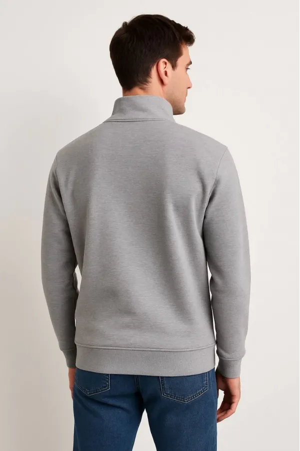 Erkek Dik Yaka Sweatshirt Dik Yaka Yarım Fermuarlı 3 İplik Şardonlu Pamuk Kumaş - Gri