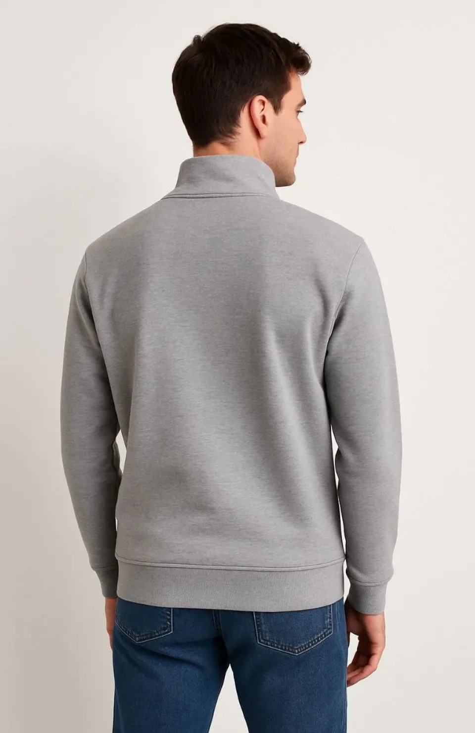 Erkek Dik Yaka Sweatshirt Dik Yaka Yarım Fermuarlı 3 İplik Şardonlu Pamuk Kumaş - Gri