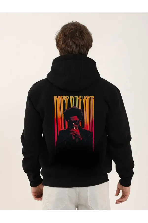 Unisex Baskılı Oversize Üç İplik Kapüşonlu Sweatshirt - Siyah