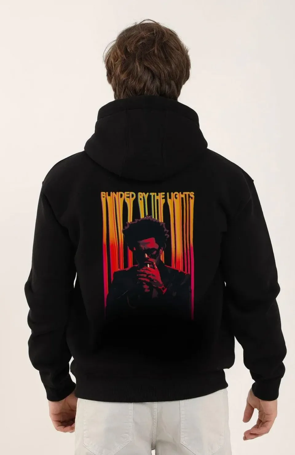 Unisex Baskılı Oversize Üç İplik Kapüşonlu Sweatshirt - Siyah