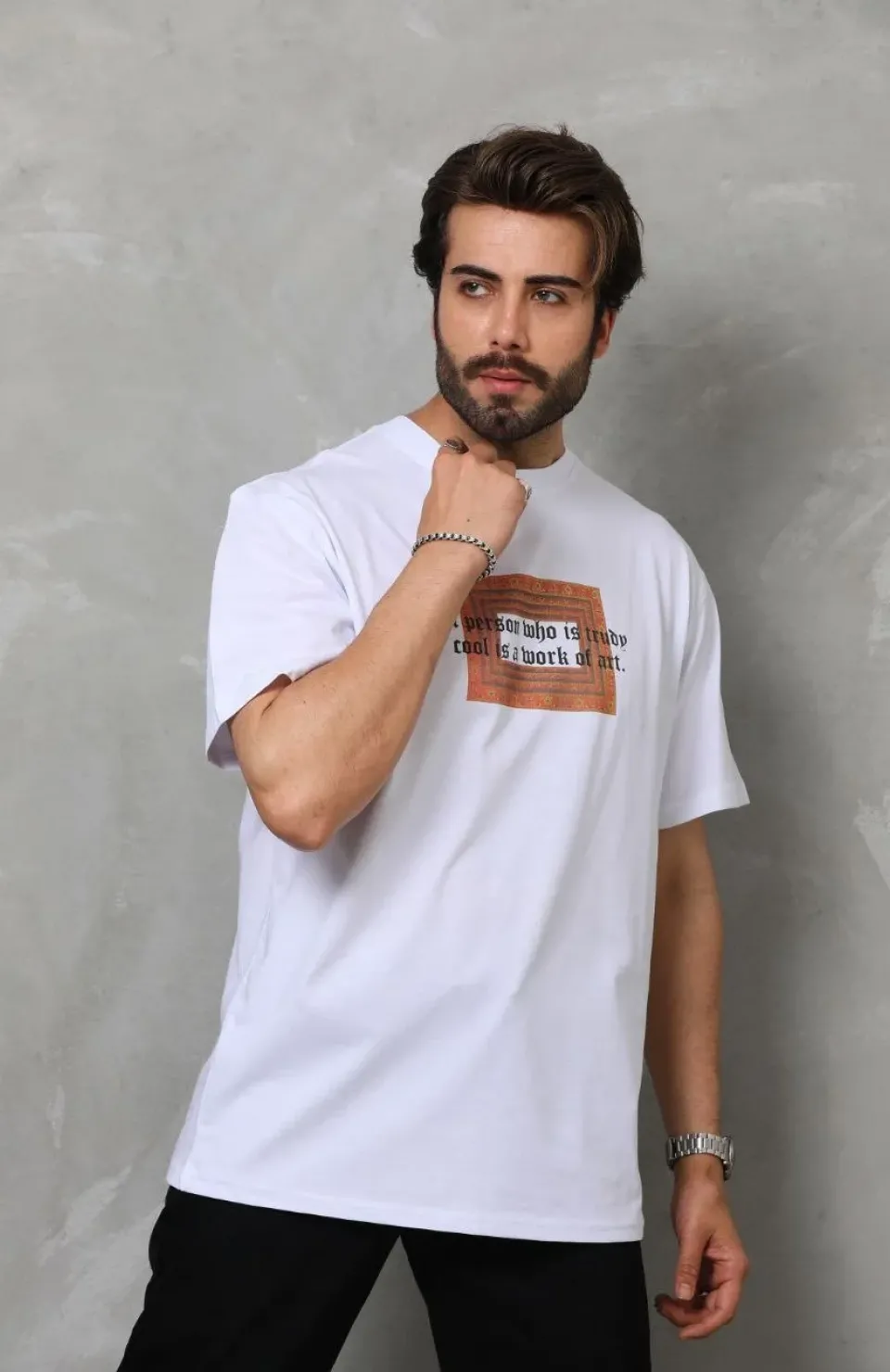 Unisex Bisiklet Yaka Baskılı Oversize T-Shirt - Beyaz