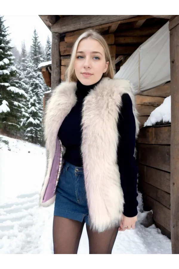 Kadın Fermuarlı Koyun Derisi Tilki Kürkü - Beyaz