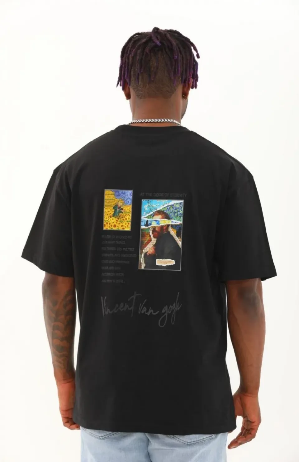 Unisex Oversize Baskılı Bisiklet Yaka T-Shirt - Siyah